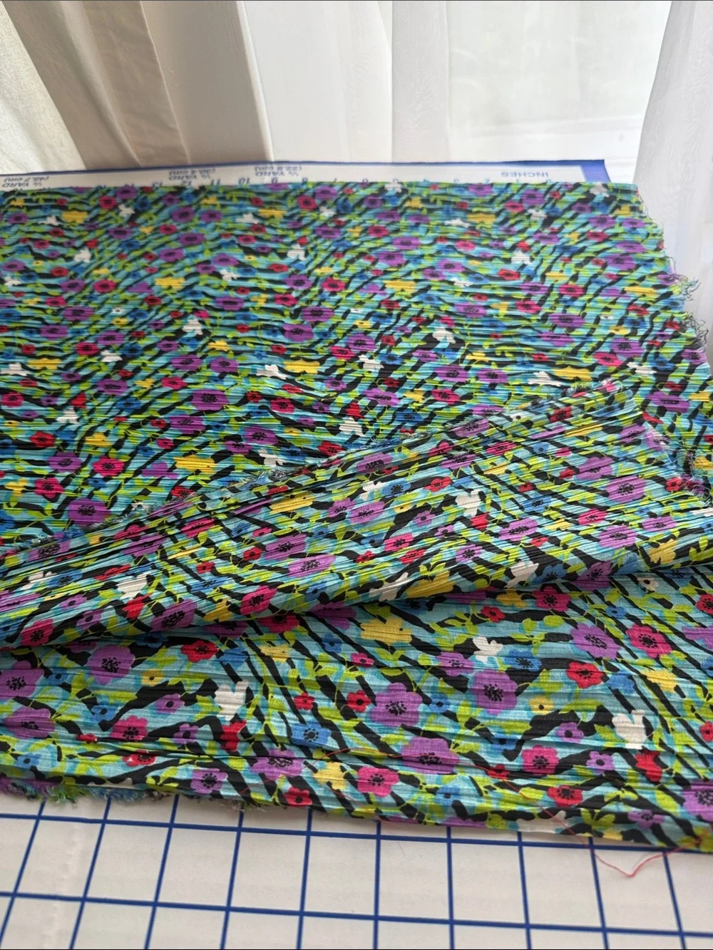 Vintage 1970s Crinkle Plisse Fabric Mod Floral Stripe Print 1 Yard x 38”